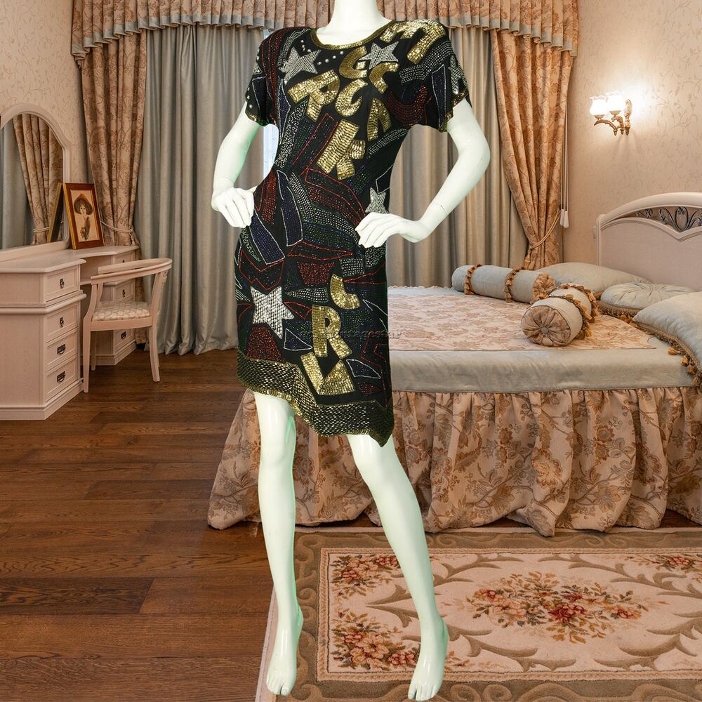 80s Vintage Shooting Rock Star Graffiti Art Abstract Sequin Beaded Party Dress